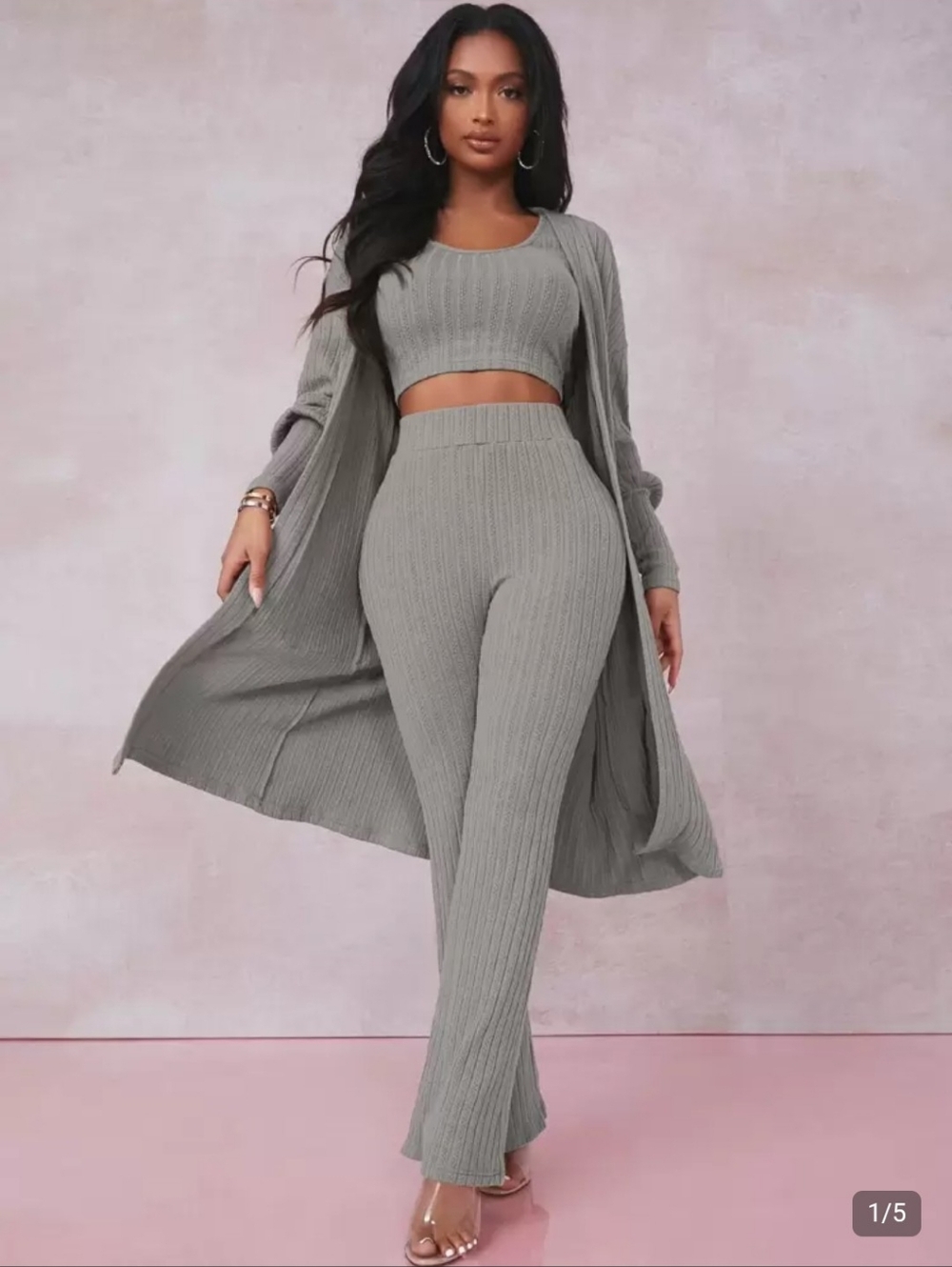 3 Piece Set 1XL SHEIN Curve Light Gray Ribbed Loungewear NWOT